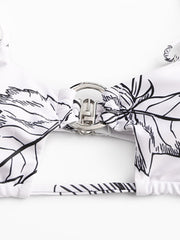 Women Simple Plant Print Hollow Ring Backless Swimsuit Thong Bikini For Swimming