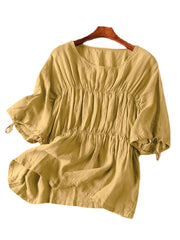 Leisure Solid Tie-Up At Cuff Ruched Round Neck Cotton Blouse