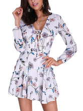 Random Floral Print Zip Back Lace-up Long Sleeve Mini Dress