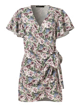 Vintage Flower Print Wrap Body Tie V-neck Short Mini Dress
