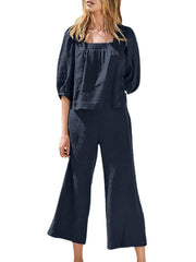 Leisure Solid Pocket Square Collar Ruched Elastic Waist Cotton Suit