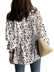 Women Leopard Printed V-Neck Flare Sleeve Elastic Cuff Drawstring Waist Shirts