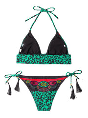 Women Leopard Patchwork Ethnic Print Halter String Bikini Backless Swimwear