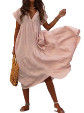 100% Cotton Casual Loose V-Neck Solid Dress For Women