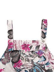 Women Sleeveless Floral Print Button Loose Cotton Vintage Jumpsuits With Side Pocket