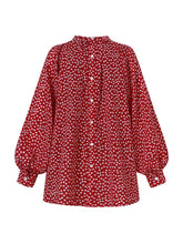 Women Allover Floral Print Puff Sleeve Stand Collar Casual Blouse