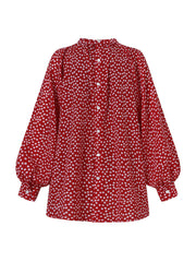 Women Allover Floral Print Puff Sleeve Stand Collar Casual Blouse