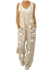 Flower Print Straps Button Loose Pocket Jumpsuits For Women