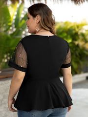 Plus Size Embroidery Zip Design Mesh Short Sleeve Blouse