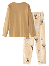 Women's Cartoon Animal Print Pajama Set - Long Sleeve Pullover & Elastic Waist Letter Pants