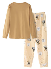 Women's Cartoon Animal Print Pajama Set - Long Sleeve Pullover & Elastic Waist Letter Pants