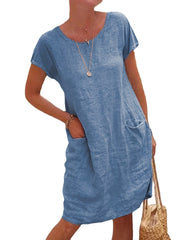 Women Solid Color Casual O-Neck Short Sleeve Mini Dress With Pockets