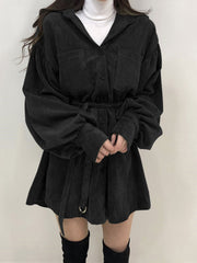 Corduroy Solid Belt Button Drop Shoulder Long Sleeve Dress