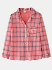 Women's Plaid Revere Collar Shirt & Elastic Waist Pants Pajama Set