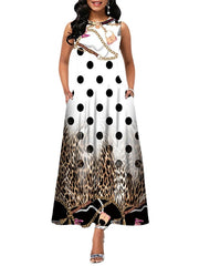 Women's Sleeveless Floral Crew Neck Casual Loose Fit Long Dress With Pocket