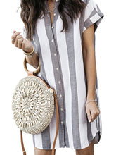 Linen Striped Print Front Button Stand Collar Short Sleeve Casual Dress