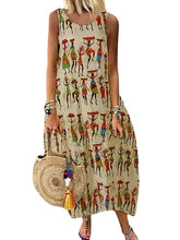 Women‘s Sleeveless Human Print Crew Neck Casual Loose Long Dress