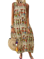 Women‘s Sleeveless Human Print Crew Neck Casual Loose Long Dress