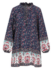 V-Neck Floral Printed Elastic Cuff Leisure Bohemian Dress For Women