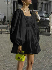 Women Pure Color Square Neck Pleated Casual Puff Sleeve Mini Dresses