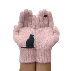 Women's Wool Gloves Autumn Winter Outdoor Warm Cold Padded Cat Bird Print Glove