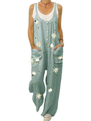 Flower Print Straps Button Loose Pocket Jumpsuits For Women