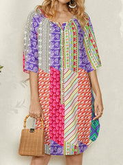 Women Abstract Colorblock Print Crew Neck Half Sleeve Ethnic Style Dress