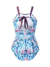 Women Floral Print Ruffle Trim Knotted Back Hollow Holiday Bikinis Swimsuits