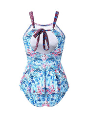 Women Floral Print Ruffle Trim Knotted Back Hollow Holiday Bikinis Swimsuits