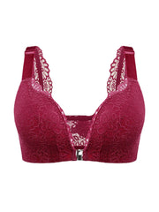 Women Front Closure Beauty Back Lace Wireless Breathable Lightly Lined Bra
