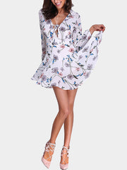 Random Floral Print Zip Back Lace-up Long Sleeve Mini Dress