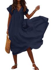 100% Cotton Casual Loose V-Neck Solid Dress For Women