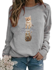 Women Cartoon Animal Cat Print Pullover Long Sleeve Cute Sweatshirts
