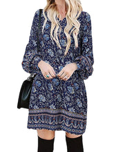 Bohemian Women Floral Print V-neck Puff Sleeve ButtonCuffs Casual Mini Dress