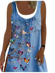 Women‘s Sleeveless Butterfly Print Boat Neck Casual Dress