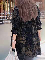 Painted Print Long Sleeve Crew Neck Vintage Blouse