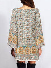 Bohemian Floral Print Crew Neck Bell Long Sleeve Dress