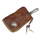 Men Vegetable Tanned Leather Metal Label Keychain Wallet Washed Retro Zipper Card Holder With Hook