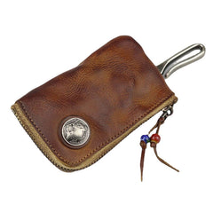 Men Vegetable Tanned Leather Metal Label Keychain Wallet Washed Retro Zipper Card Holder With Hook