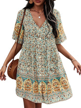 Bohemia Floral Ethnic V-neck Button Short Sleeve Print Dress