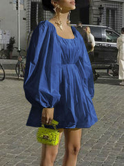 Women Pure Color Square Neck Pleated Casual Puff Sleeve Mini Dresses