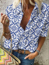 Women Design Print Lapel Collar Long Sleeve Ethnic Blouse