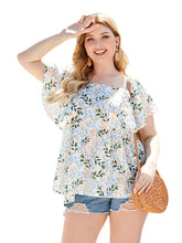 Plus Size Women Leaf Print Square Neck Ruffle Short Sleeve Casual Blouses