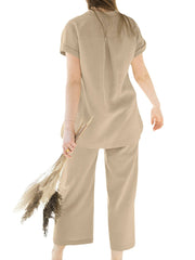 Leisure Solid Split Elastic Waist Short Sleeve Cotton Suit