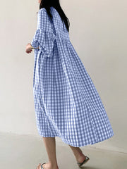 Women Plaid Puff Sleeve High Waist Bohemian Casual Loose Midi Dress