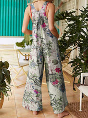 Women Floral Print Cotton Holiday Casual Wide Leg Jumpsuit