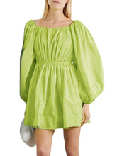 Women Pure Color Square Neck Pleated Casual Puff Sleeve Mini Dresses