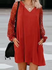 V-Neck Puff Sleeve Pleated Spliced Solid Casual Dress For Women