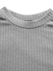 Women Solid Elastic Waist O-Neck Full Sleeve Skinny Ankle Length Blouse Pants Two-Piece Sets