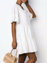Women Cotton V-neck Ruffle Sleeve Holiday Loose Solid Color Mini Dress